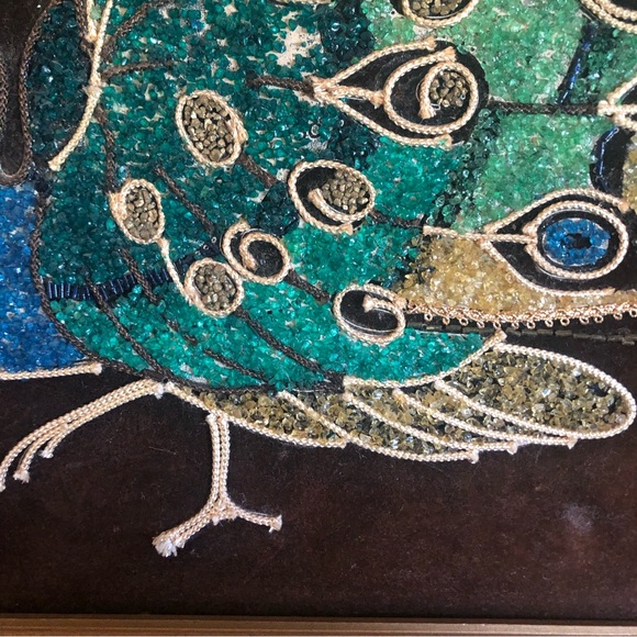 Vintage MCM Peacock on Brown Velvet Gravel Art - Picture 8 of 14